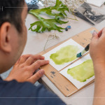 將化學(xué)藥劑塗抹於水彩紙上，藍(lán)曬創(chuàng)作的序幕悄然展開。