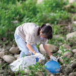 在卵礫石堆中藍色醒目的「皮球」，吸引了小朋友前去查看並拾起，一點一滴還給河川乾淨的面貌。